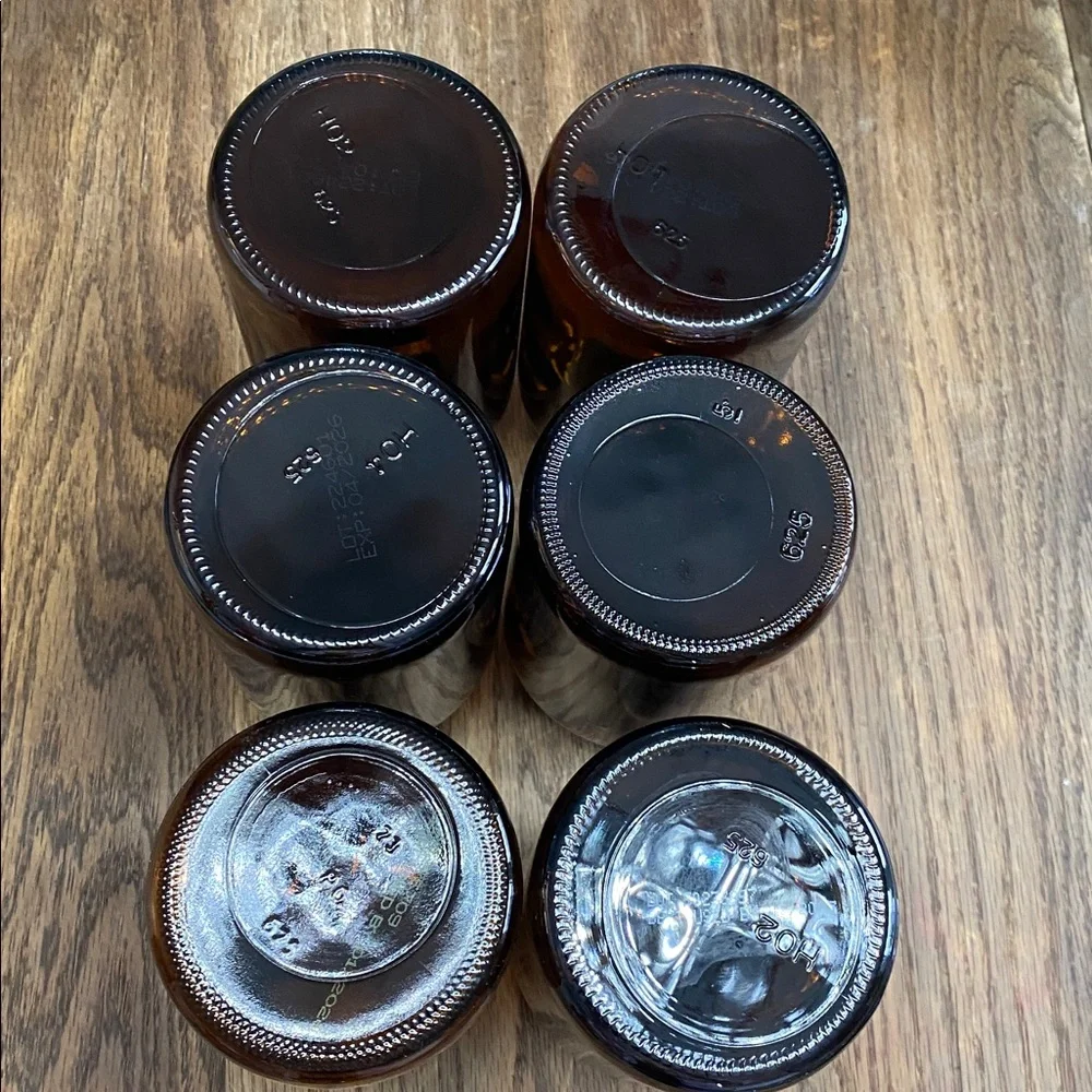 Set of 6 - 20 oz Amber Glass Jars with Black Lids. Recycled